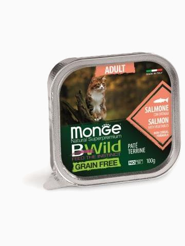 Корм Monge Cat BWild GRAIN FREE беззерновые консервы из лосося с овощами для взрослых кошек, 100 г