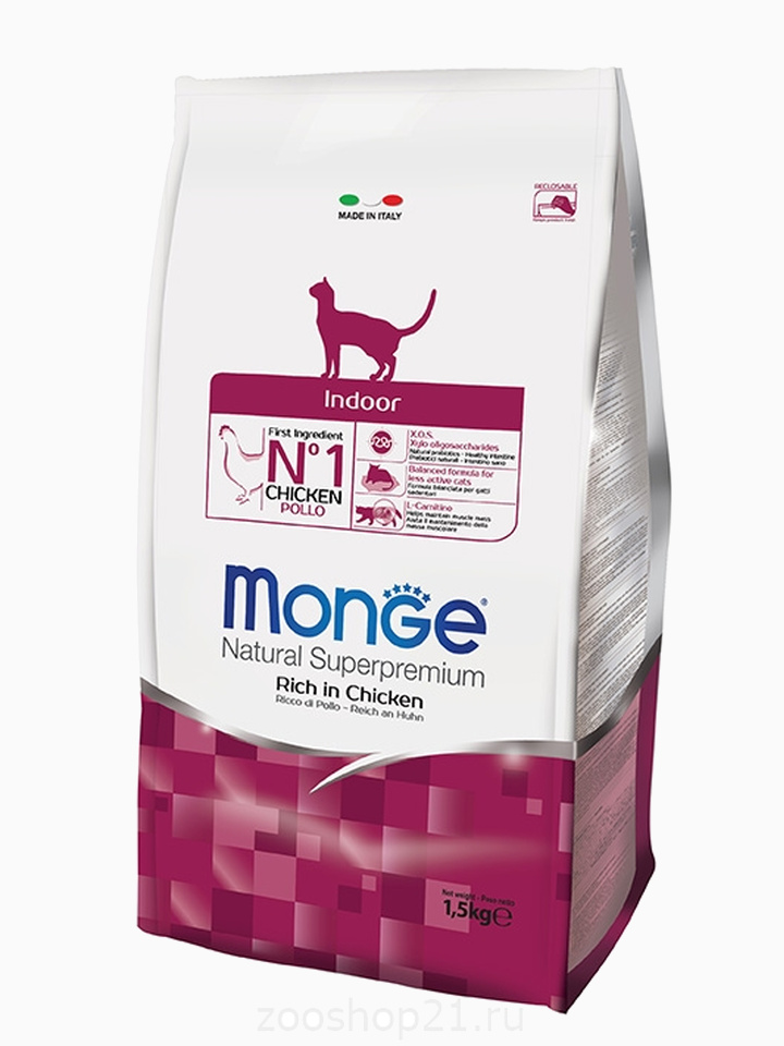 Корм Monge Cat Indoor для домашних кошек, 10 кг