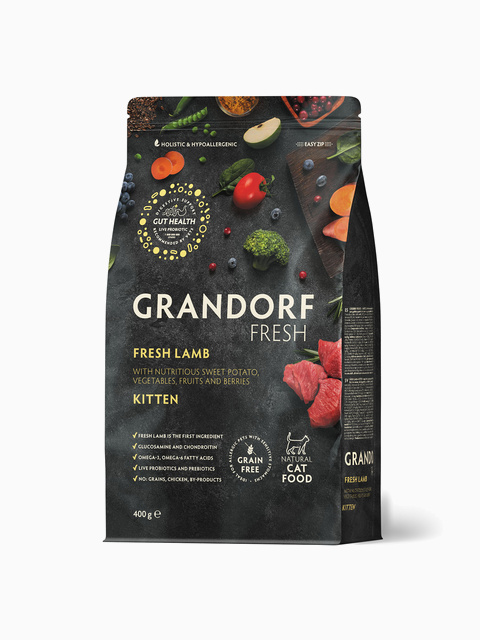 Корм GRANDORF FRESH для котят с 3-х недель, беременных и кормящих кошек, ягненок с бататом 400 гр
