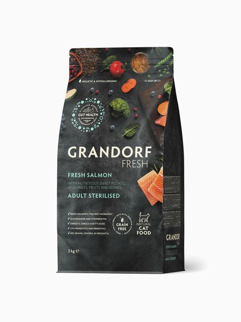 Корм GRANDORF FRESH для стерилизованных кошек, лосось с бататом, 400 гр