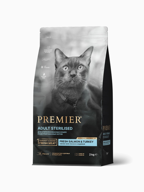 Корм Premier Sterilised Low Grain Salmon & Turkey (низкозерновой) для стерилизованных кошек, лосось с индейкой, 2 кг