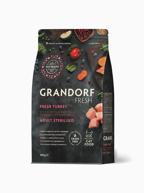 Корм GRANDORF FRESH для стерилизованных кошек, мясо индейки с бататом, 400 гр