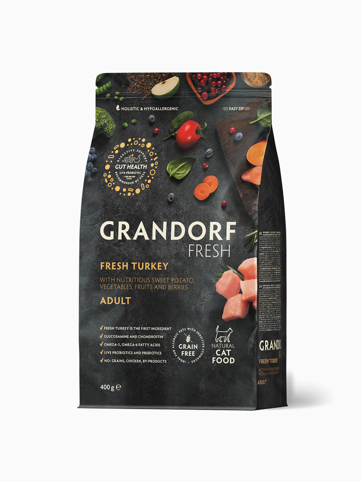 Корм GRANDORF FRESH для взрослых кошек, мясо индейки с бататом, 400 гр