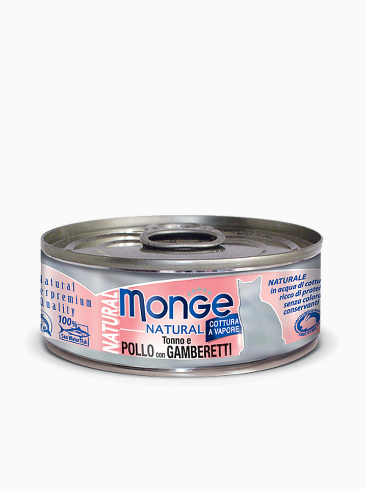Корм Monge Cat Natural консервы для кошек тунец с курицей и креветками, 80 г