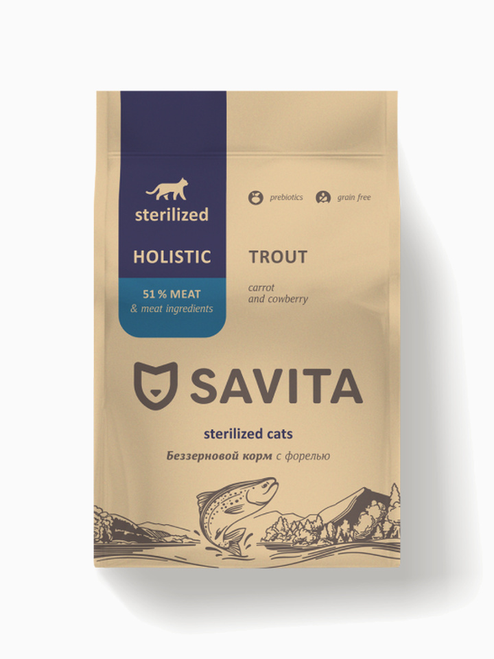 Savita Sterilized Holistic Trout для кошек, беззерновой, с пребиотиками, с форелью, 400 г