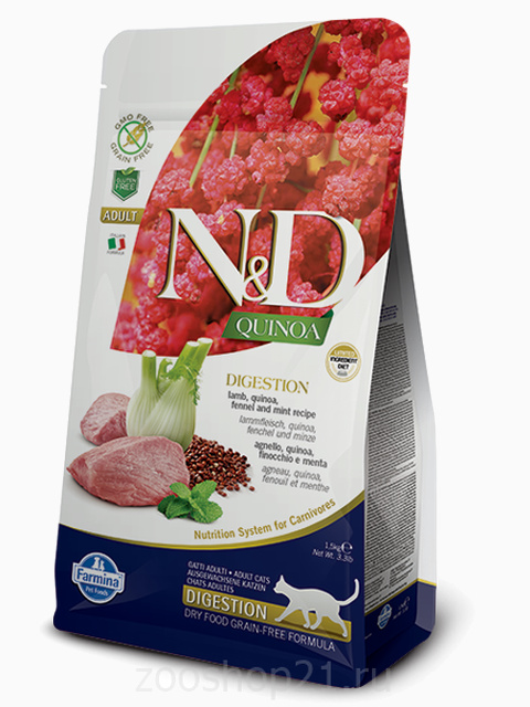 Корм Farmina N&D Quinoa Digestion Lamb беззерновой для кошек с чувствительным пищеварением киноа и ягненок, 1.5 кг
