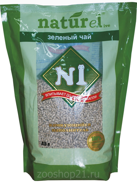 N1 Комкующийся древесный (гималайский кедр) наполнитель Naturel "Зеленый чай" на 4,5 л, 1.75 кг