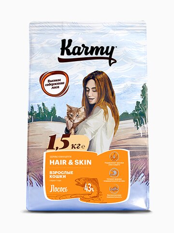 Корм KARMY Хэйр энд Скин для кошек поддерживающий здоровье кожи и шерсти Лосось, 400 г