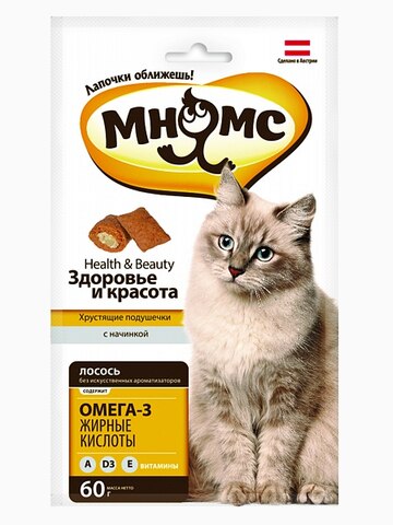 Мнямс хрустящие подушечки для кошек с лососем "Здоровье и красота" 60 г