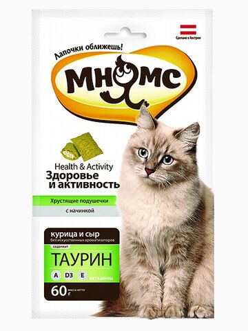Мнямс хрустящие подушечки для кошек с курицей и сыром "Здоровье и активность" 60 г