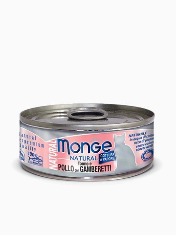 Корм Monge Cat Natural консервы для кошек тунец с курицей и креветками, 80 г