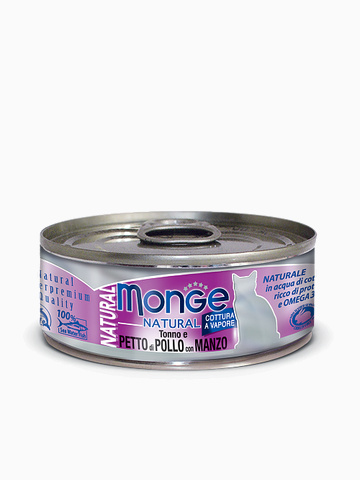 Корм Monge Cat Natural консервы для кошек тунец с курицей и говядиной, 80 г