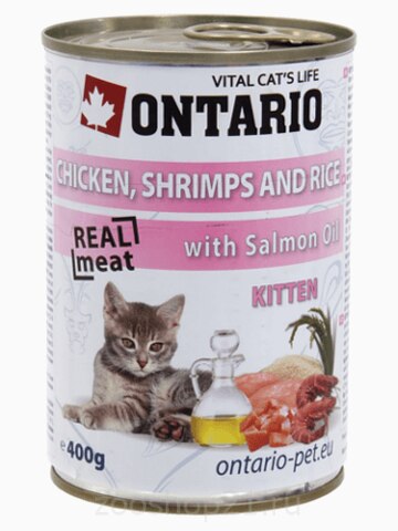 Корм Ontario консервы для котят: курица, креветки и рис, 400 г