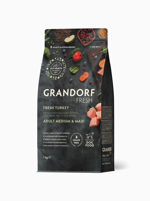 GRANDORF FRESH Adult Medium&Maxi Сухой корм для взрослых собак средних и крупных пород, свежее мясо индейки с бататом, 1 кг