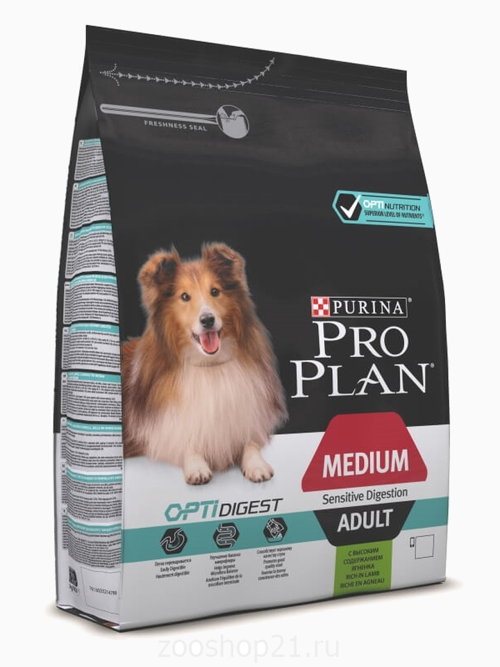 Корм Pro Plan Medium Sensitive Digestion для собак средних пород 10-25 кг с чувствительным пищеварением с ягненком, 3 кг