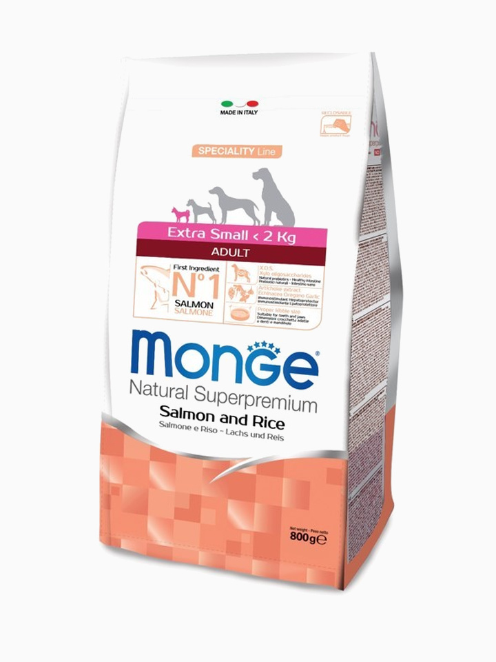 Корм Monge Dog Speciality Extra Small для взрослых собак миниатюрных пород лосось с рисом, 800 г