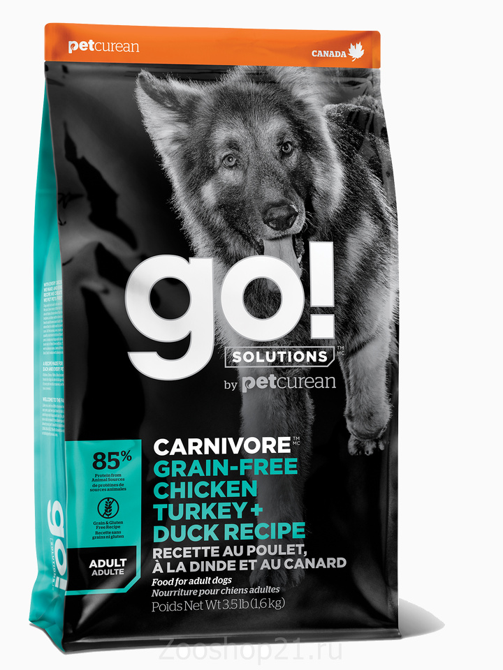 Корм Go! Carnivore GF Chicken/Turkey & Duck Adult беззерновой для собак 4 вида мяса: Индейка/Курица/Лосось/Утка, 1.59 кг