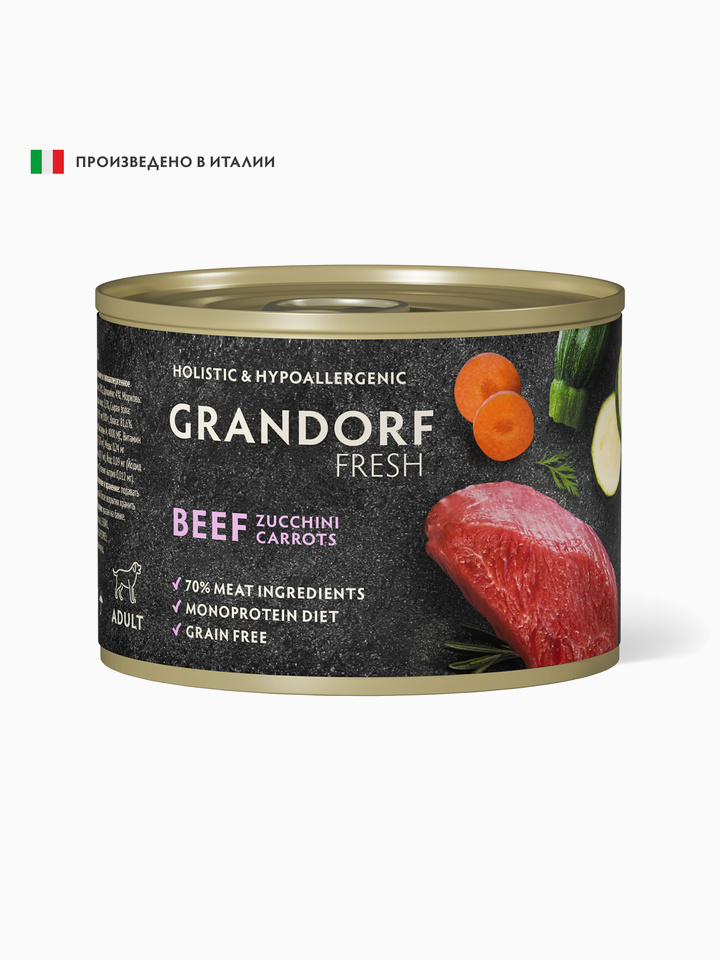 GRANDORF FRESH Монопротеиновый влажный корм из говядины с цукини и морковью для собак всех пород 200гр