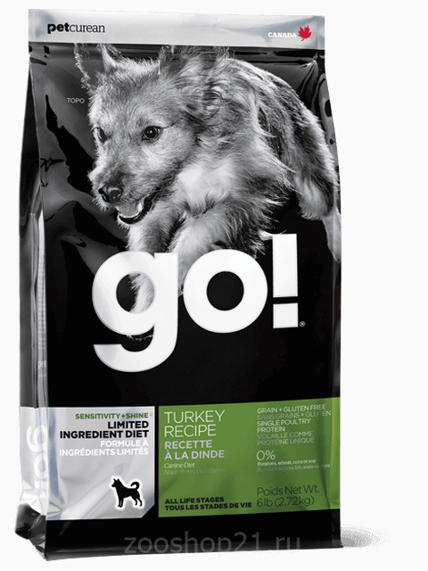 Корм Go! Sensitivity & Shine LID Turkey беззерновой для собак и щенков с чувствительным пищеварением с Индейкой, 9.98 кг