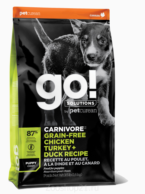 Корм Go! Carnivore GF Chicken/Turkey & Duck Puppy беззерновой для Щенков 4 вида мяса: Индейка/Курица/Лосось/Утка, 1.59 кг