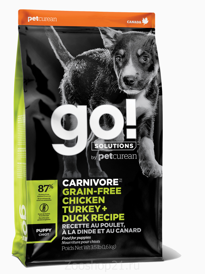 Корм Go! Carnivore GF Chicken/Turkey & Duck Puppy беззерновой для Щенков 4 вида мяса: Индейка/Курица/Лосось/Утка, 1.59 кг
