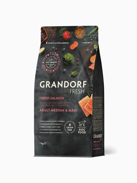 GRANDORF FRESH Adult Medium&Maxi Сухой корм для взрослых собак средних и крупных пород, свежее филе лосося с бататом, 1 кг