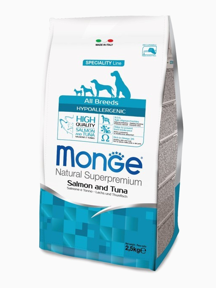 Корм Monge Dog Speciality Hypoallergenic для собак гипоаллергенный лосось с тунцом, 12 кг