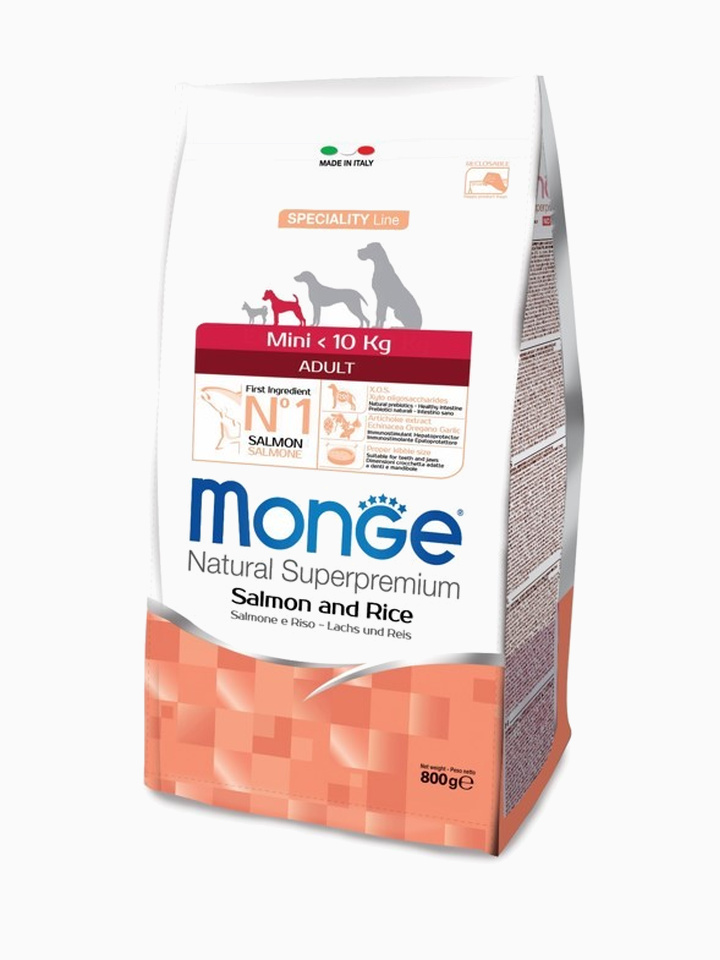 Корм Monge Dog Speciality Mini для взрослых собак мелких пород лосось с рисом, 800 г