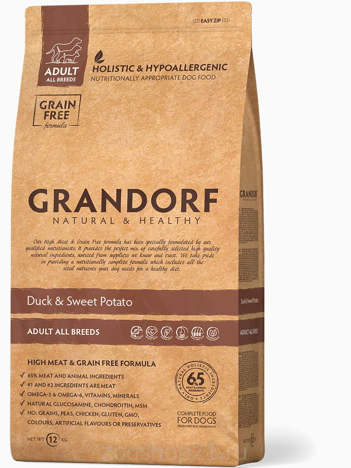 Корм GRANDORF Утка с картофелем для взрослых собак всех пород, 12 кг