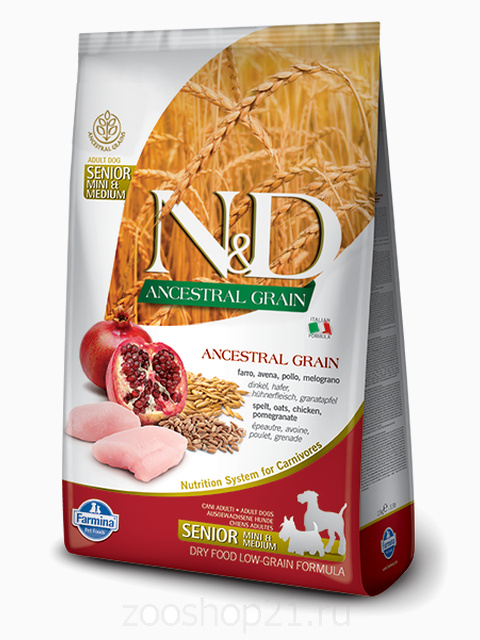 Корм Farmina N&D (Low Grain) Chicken & Pomegranate Senior Mini для пожилых собак средних и мелких пород с низким содержанием зерна курица с гранатом, 800 г