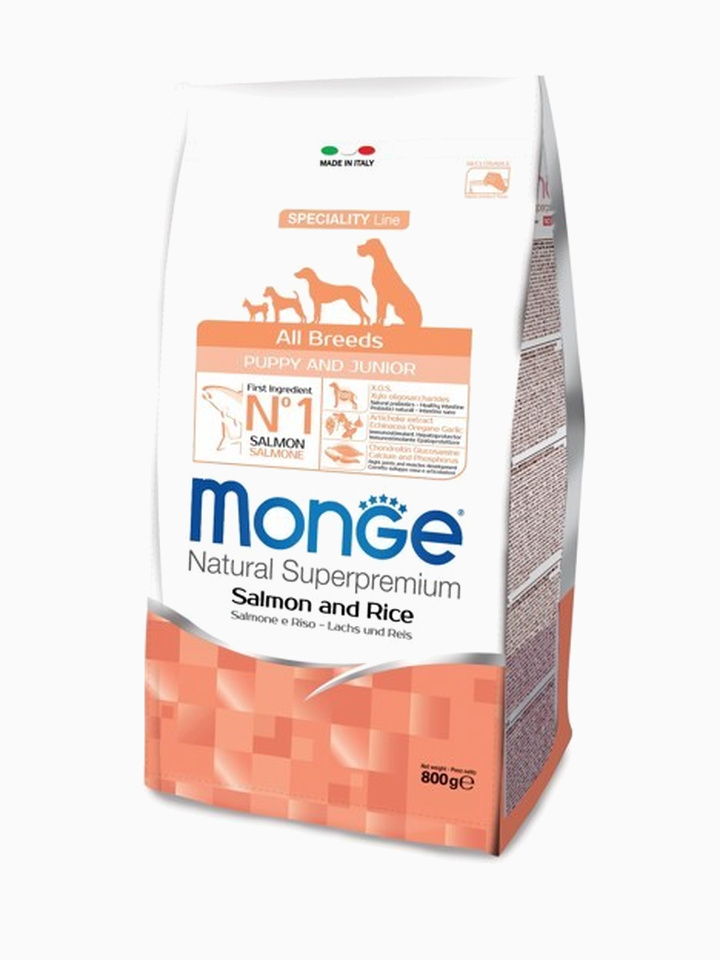 Корм Monge Dog Speciality Puppy&Junior для щенков всех пород лосось с рисом, 800 г