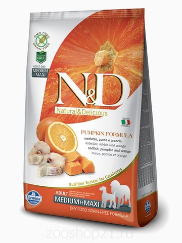 Корм Farmina N&D Pumpkin Codfish & Orange Adult Medium/Maxi беззерновой для собак средних и крупных пород рыба с апельсином и тыквой, 2.5 кг