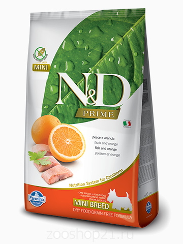 Корм Farmina N&D Fish & Orange Adult Mini беззерновой для взрослых собак мелких пород рыба с апельсином, 2.5 кг