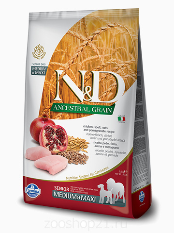 Корм Farmina N&D (Low Grain) Chicken & Pomegranate Senior Medium/Maxi для пожилых собак средних и крупных пород с низким содержанием зерна курица с гранатом, 12 кг