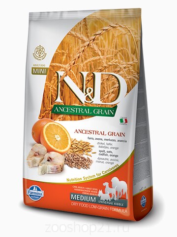 Корм Farmina N&D (Low Grain) Codfish & Orange Adult для собак с низким содержанием зерна треска с апельсином, 2.5 кг