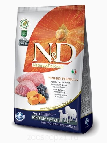 Корм Farmina N&D Pumpkin Lamb & Blueberry Adult Medium/Maxi беззерновой для собак средних и крупных пород ягненок с черникой и тыквой, 12 кг