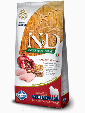 Корм Farmina N&D (Low Grain) Chicken & Pomegranate Adult Maxi для собак крупных пород с низким содержанием зерна, курица с гранатом, 12 кг