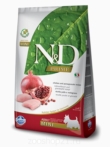 Корм Farmina N&D Chicken & Pomegranate Adult Mini беззерновой для взрослых собак мелких пород курица с гранатом, 2.5 кг