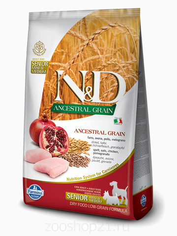 Корм Farmina N&D (Low Grain) Chicken & Pomegranate Senior Mini для пожилых собак средних и мелких пород с низким содержанием зерна курица с гранатом, 800 г
