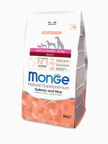 Корм Monge Dog Speciality Extra Small для взрослых собак миниатюрных пород лосось с рисом, 800 г