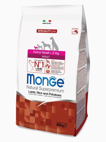 Корм Monge Dog Speciality Extra Small для взрослых собак миниатюрных пород ягненок с рисом и картофелем, 800 г